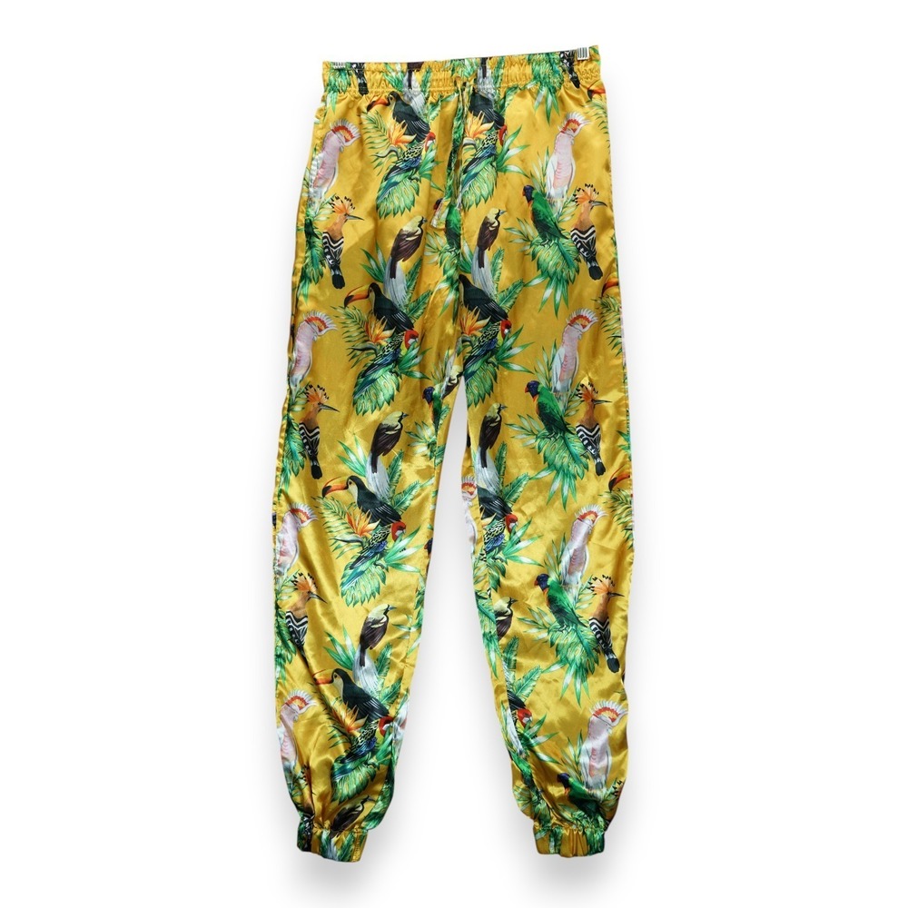 Mad Engine Men's Medium Yellow Satin Bird of Paradise Jogger Sleep Pants Pajama